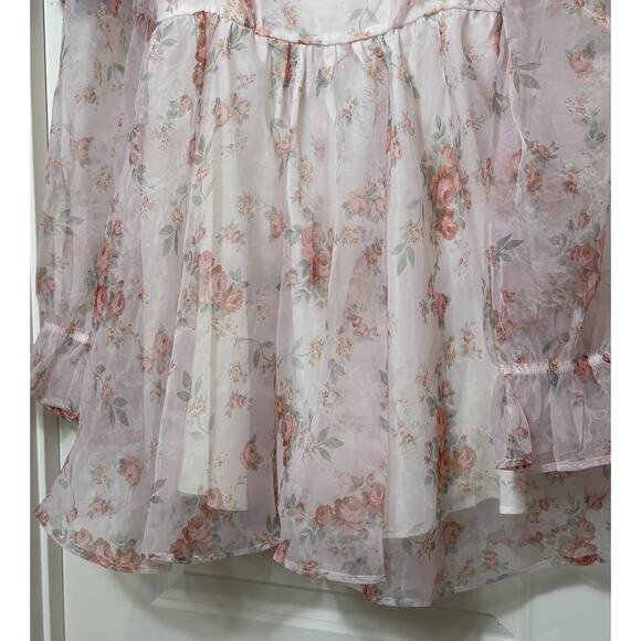 Floral Chiffon Mini Dress Pink White Puff Sleeve Babydoll Cottagecore M - Picture 10 of 16